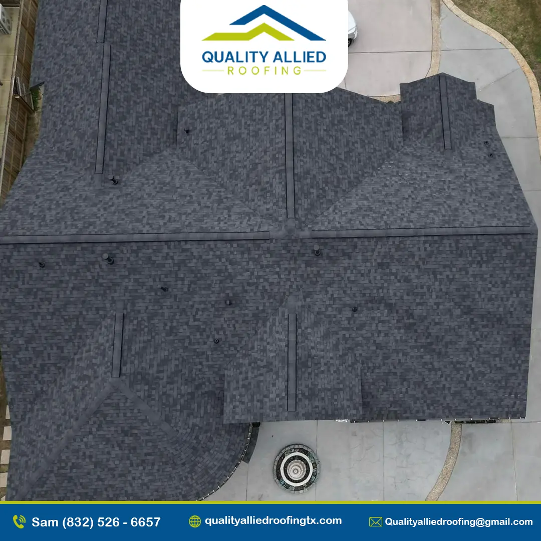Aerial view of a house with a black shingle roof. one of Quality Allied Roofing at Sugar Land Roofing